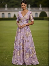 abordables Largo del piso-Corte A Vestidos Hasta el Suelo Vestido maxi Vestido de Fiesta Vestido Cóctel Vestido de Madrina Manga Corta Escote en Pico Elegante Vintage Lujoso Formal Invitado a la boda El derby de Kentucky Gasa