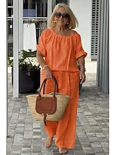 preiswerte Blusenanzüge für Damen-Damen Hosen-Sets Kunstbaumwollleinen Kurzarm Rundhalsausschnitt Einfarbig Mode Streetwear Lässig Täglich Outdoor Blau Schwarz Weiß Frühling &amp; Sommer Lässiger Schnitt