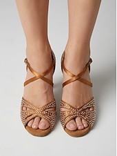 abordables Latin Shoes-Women's Tan Rhinestone Latin Dance Heels - Sparkling Strappy Salsa Ballroom Shoes