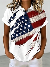  Jour de l'Indépendance Américaine Femmes Chemises Polo Gaufre Graphique Drapeau ancien Élégant Classique Manche Courte Col Polo Hauts Réguliers Occasionnel Quotidien Blanche Rouge Été Printemps