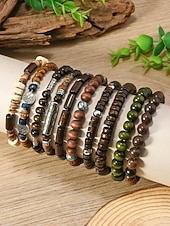 Χαμηλού Κόστους Ανδρικά κοσμήματα-Σετ ανδρικών βραχιολιών με ξύλινες χάντρες μποέμ, 10 ελαστικά βραχιόλια με χάντρες που στοιβάζονται για διακοπές στην παραλία, καθημερινή casual ένδυση, ταξίδια και φεστιβάλ