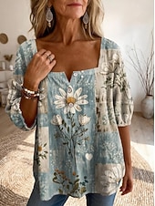 economico Bluse Floreali-Per donna Blusa Bottoni Stampato Floreale Grafico Quotidiano Elegante Essenziale Mezza Manica Collo quadrato Top lunghi Quotidiano Giallo Verde Beige Azzurro Estate Primavera