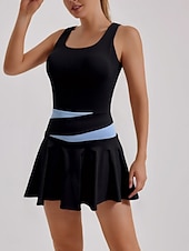 preiswerte Damenkleid-Damen Patchwork Tenniskleid mit Shorts Sportkleid Ärmellos Tasche Elastisch Schweißableitend Atmungsaktiv Tennis Golfspiel Laufen Rundausschnitt Kleid Schwarz Blau Tennisbekleidung