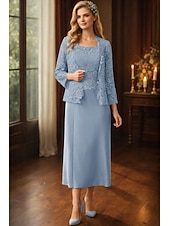 abordables Conjuntos de vestidos para mamá-Conjuntos de vestidos Vestido de invitada de boda largo hasta el suelo Vestido de la madre de la novia Manga larga Cuello redondo Elegante Simple Invitada de boda con color sólido