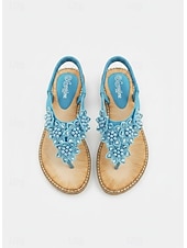cheap Flat Sandals-Women's Boho Floral Beaded Sandals – Casual Elastic Strap Summer Flip-Flops with Embellished Design for Beach or Casual Outfits