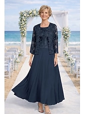 preiswerte Mamas Kleidersets-Zweiteilig Kleid-Sets Knöchellänge Kleid für Hochzeitsgäste Brautmutterkleid Langarm Rundhalsausschnitt Elegant Hochzeitsgast Kirche Chiffon mit Spitze Stickerei
