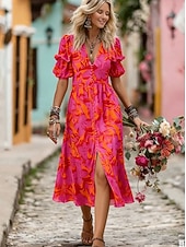 baratos Vestidos Florais Elegantes-Mulheres Vestido Longo Vestido casual Vestido floral Elegante Moda Moderno Ao ar livre Férias Para Noite Normal Floral Manga Curta Decote V Vermelho Verão Primavera