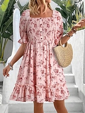 abordables Vestidos casuales con flores-Mujer Vestido hasta la Rodilla Vestido informal Vestido de flores Vestido Estampado Elegante Moda Moderno Manga Farol Exterior Vacaciones Noche Holgado Floral Manga Corta Escote Cuadrado Azul Piscina
