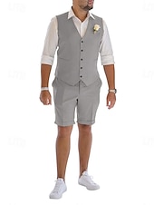  Uomo Smoking Completi in Lino Matrimonio in Spiaggia Spiaggia verde pisello Rosa Estate Tuta Scollo a V Tinta unita Vestibilità su misura 2 pezzi