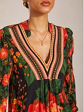 preiswerte Hemden, Tops und Blusen-Midikleid aus floraler Spitze mit V-Ausschnitt und Puffärmeln