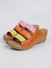 economico Infradito scivolosi-sandali con zeppa ortopedici da donna bohémien chic: vivaci cinturini multicolori, comodo supporto per l'arco plantare, calzature estive alla moda