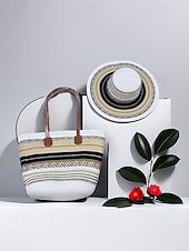 cheap Vacation &amp; Travel Bags-Women's Bohemian Striped Straw Tote Bag and Sun Hat Set, Boho Ethnic Woven Beach Vacation Handbag Set in Multiple Colors for Resort Travel, Casual Summer Outfits and Everyday Wear