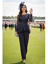 baratos Terninhos de calça da mamãe-Duas Peças Terninho Longo Vestido Para Mãe dos Noivos Manga Longa Scoop pescoço Elegante Formal Convidado do casamento Noite Formal Chiffon Renda com Lantejoulas