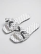 cheap Slide Sandals-Women's Polka Dot Bow Slide Sandals – Cute Pearl Bow Slip-On Flats, Casual Chic Slippers for Poolside, Hotel Resort &amp; Summer Holiday