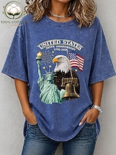 billiga Självständighetsdagen Topp-amerikanska självständighetsdagen dam-t-shirt i 100 % bomull bomullsskjorta vintage tvättad topp tryck grafiskt flagga snygg grundläggande klassisk kortärmad rund hals vanlig topp casual daglig blå svart lila grön