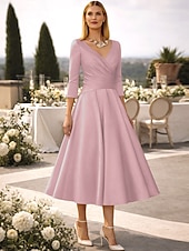 preiswerte Cocktailkleider-A-Linie Tee-Länge Cocktailkleider Partykleider Elegant Vintage Übergröße Dreiviertelarm V Ausschnitt Hochzeitsgast Satin mit Falten