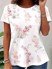 economico T-shirt floreale-Per donna Maglietta Stampato Floreale Grafico Piante Moda Elegante Classico Manica Corta Girocollo Top Regolari Casuale Quotidiano Bianco Estate Primavera