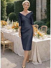 رخيصةأون طول الشاي-عامودي طول الساق فستان الحفلة فستان كوكتيل فستان زفاف ضيف فستان أم العروس نصف كم V رقبة أنيق عتيق فاخر رسمي ضيف حفل زفاف ساتان فساتين الجاكيتات مع طيات