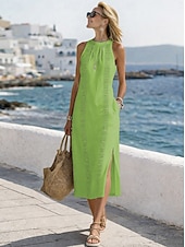 billige Essensielle falske kjoler-Dame Midikjole Imitert bomullslin Blonde kjole Strandkjole Uformell kjole Elegant Mote Moderne Strand Feriereise Helg Normal عادي Ermeløs Grimehals Blå Svart Hvit Gul Sommer Vår