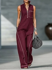 cheap Casual Jumpsuits-Women's Normal Jumpsuit Active Solid Color Sleeveless Wide Leg Shirt Collar Zipper Pocket Daily Vacation Loose Fit Blue Black Yellow Summer