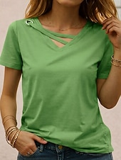 tanie gładka koszulka-Damskie Podkoszulek Koszulka Przekrój krzyżowy z otworem Równina Moda Elegancki Klasyczny Krótki rękaw W serek Zwykłe topy Codzienny Wyjściowe Weekend Czarny Biały Żółty Rumiany róż Zielony Lato