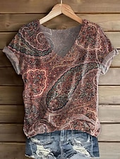 preiswerte Boho-T-Shirt-Damen T Shirt Druck Blumen Grafik Pflanzen Vintage Stilvoll Lässig Kurzarm V Ausschnitt Normale Oberteile Täglich Wochenende Blau Gelb Rosa Wein Rote Sommer Frühling