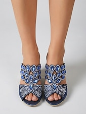 abordables Sandalias de cuña-Sandalias de cuña azules adornadas para mujer, zapatos elegantes sin cordones con punta abierta para la madre de la novia, boda en el jardín &amp;eventos formales