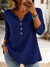 abordables Blusas Sencillas-Mujer Blusa Encaje Botones Color sólido Elegante Casual Manga 3/4 Escote en Pico Tops regulares Diario Azul Piscina Negro Blanco Rosa Naranja Primavera Otoño