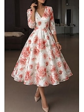 cheap Cocktail Dresses-A-Line Ankle Length Tea Length Formal Dresses Cocktail Dresses Elegant 3/4 Length Sleeve V Neck Wedding Formal Organza Jacquard with Floral Print