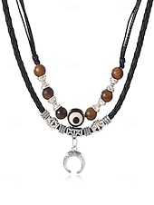 cheap Men's Jewelry-Men's Bohemian Style Double-Layer Necklace, Alloy &amp; Leather Cord Mixed Material, Crescent Moon Pendant, Adjustable, Perfect for Beach Vacation, Daily Casual Wear