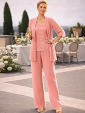 abordables Trajes de pantalón de mamá-Conjunto de pantalón vestido largo madre de la novia Manga larga Escote joya Elegante Simple invitada de boda con color sólido