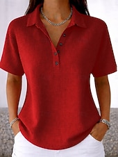 Túnica Waffle Feminina Botões Sólido Cor Simples Vintage Estilosa Clássica Manga Curta Gola Virada Tamanhos Regulares Diários Branco Rosa Azul Claro Verão Primavera