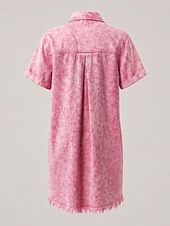 ieftine Rochie simplă-Rochie de damă până la genunchi, spălată, 90% bumbac, vintage, casual, mânecă scurtă, guler cămașă, albastru, negru, roz, vară, primăvară