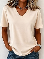  Femmes T-shirt Chemise en coton Couleur Unie Mode Élégant Basique Manche Courte Col en V Hauts Réguliers Occasionnel Quotidien Sortir Bleu Blanche Vert Claire Rose Claire Rouge Été Printemps