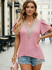 cheap Plain tee-Women's Texture Blouse Eyelet Top Pointelle Tee Blouse Hollow Out Color Block Active Stylish Short Sleeve V Neck Regular Tops Casual Daily Outdoor White Pink Summer Spring