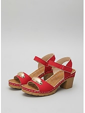 baratos Sandálias de salto-sandálias femininas vermelhas de salto grosso – design retrô aberto com detalhes dourados para festas de verão e deslocamentos diários