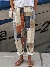 economico Fondi-Per donna Pantaloni effetto lino Gamba larga Pantaloni casual Pantaloni Estivi Vacanza Moda Streetwear Lunghezza alla caviglia Misura del girovita medio Grafico A righe Astratto Coulisse Patchwork