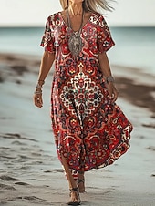 economico Abito Boho-Per donna Abito maxi Vestito Estivo Vestito T-Shirt Abito a trapezio Vacanza Casual Spiaggia Uscire Vestibilità comoda Grafico Tribale Etnico Manica Corta Scollo a V Rosso scuro Vino Rosso Estate