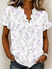 economico Bluse Floreali-Per donna Camicia Tunica Volant Floreale Grafico Elegante Moda Quotidiano Manica Corta Scollo a V Top Regolari Casuale Quotidiano Blu Nero Rosa Viola Estate Primavera