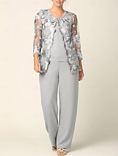 cheap Mom's Pant Suits-Jumpsuit Pantsuit 3 Piece Floor Length Mother of the Bride Dress Long Sleeve Crew Neck Elegant Formal Wedding Guest Chiffon Wrap Included with Lace Embroidery