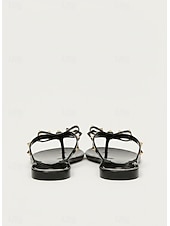 billige Sklisandaler-svarte sløyfeflip-flops med pigg for kvinner – elegante strandsandaler med komfortabel flat såle for sommerbruk