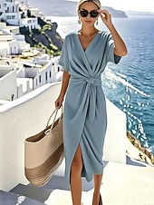 economico Vestito bianco-Per donna Abito Midi Vestito Estivo Vestito Casual Vacanza Casual Boho Spiaggia Feste Data Vestibilità regolare Semplice Manica Corta Scollo a V Blu Cachi Beige Estate Primavera