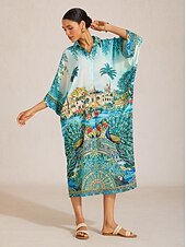 billiga Casual blommiga klänningar-Balearerna blå chiffong kaftan med fladdermusärm