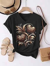 abordables T-shirt Art &amp; Design-Femmes T-shirt Imprimé Cœur Graphique Léopard Élégant Classique Occasionnel Manche Courte Col en V Hauts Réguliers Quotidien Beige clair Noir Blanche Gris Été Printemps