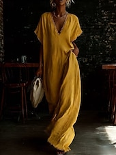 economico Vestiti-Per donna Abito maxi Abiti effetto lino Abito a trapezio Casual Quotidiano Vestibilità comoda Semplice Manica Corta Scollo a V Blu Nero Bianco Giallo Estate Primavera