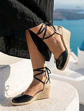 ieftine Espadrile-Sandale clasice negre cu șireturi pentru femei - tocuri elegante tip espadrilă cu vârful închis și înfășurare la gleznă pentru vacanțe pe insule, călătorii în Marea Mediterană &amp;ținute de stațiune de