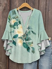voordelige Bloemen Blouses-Dames Overhemd Blouse Ruche Afdrukken Bloemig Grafisch Vakantie Dagelijks Retro vintage Halve mouw V-hals Lange tops Dagelijks Feestdagen Uitgaan Wit Leger Groen Groen Zomer Lente Herfst