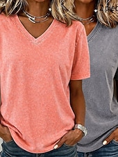  Damskie Podkoszulek Bawełniana koszulka Koszulka Z marszczeniami Równina Zabytkowe Moda Elegancki Krótki rękaw W serek Zwykłe topy Codzienny Wyjściowe Weekend Różowy + pomarańczowy Fioletowy