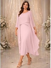 cheap Mom's Dress Sets-Two Piece A-Line Tea Length Wedding Guest Dress Mother of the Bride Dress 3/4 Length Sleeve Jewel Neck Elegant Vintage Wedding Party Chiffon with Beading