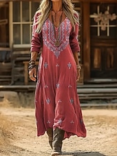 tanie Etniczna sukienka boho-Damskie Sukienka maxi Sukienka letnia Letnie sukienki Urlop Codzienny Boho Codzienny Plaża Wyjściowe Luźna Graficzny Kolorowy blok Długi rękaw W serek Niebieski Czerwony Brązowy Zielony Lato Wiosna